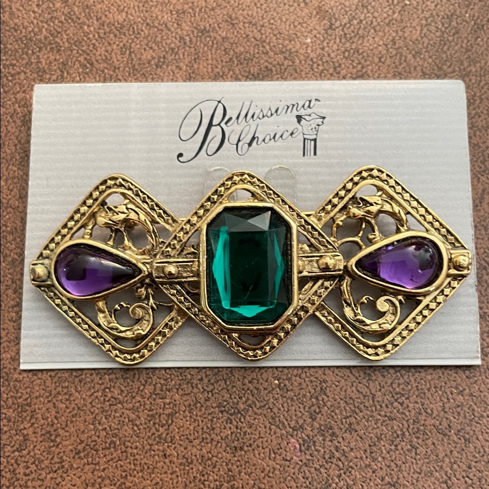 80’s Victorian Bar Pin Gold Tone Filagree With Purple‎ and Green Stone Brooch